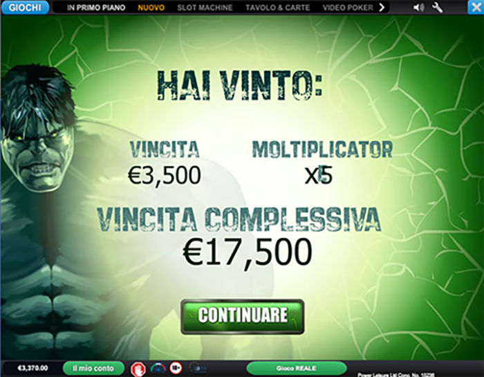 Vincita Slot Incredibile Hulk